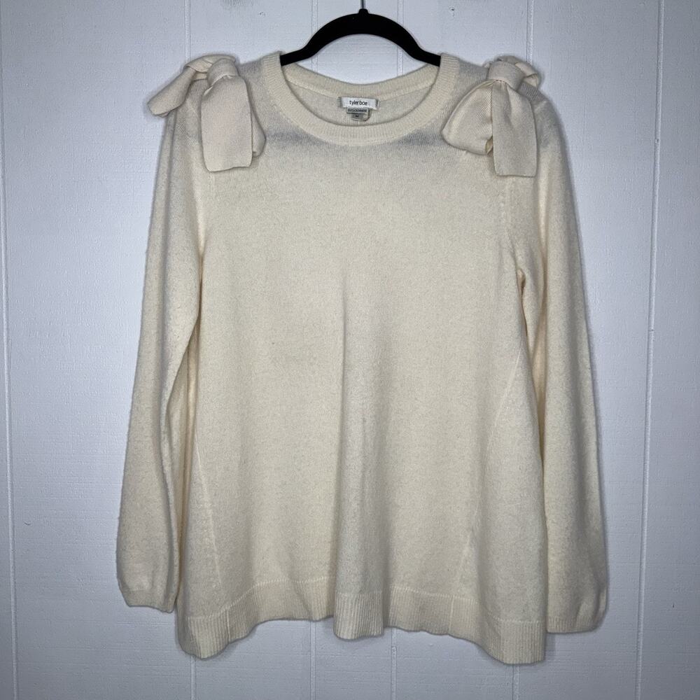 Tyler Boe Women’s 100% Cashmere Sweater With Shoulder Bows Ivory Size M